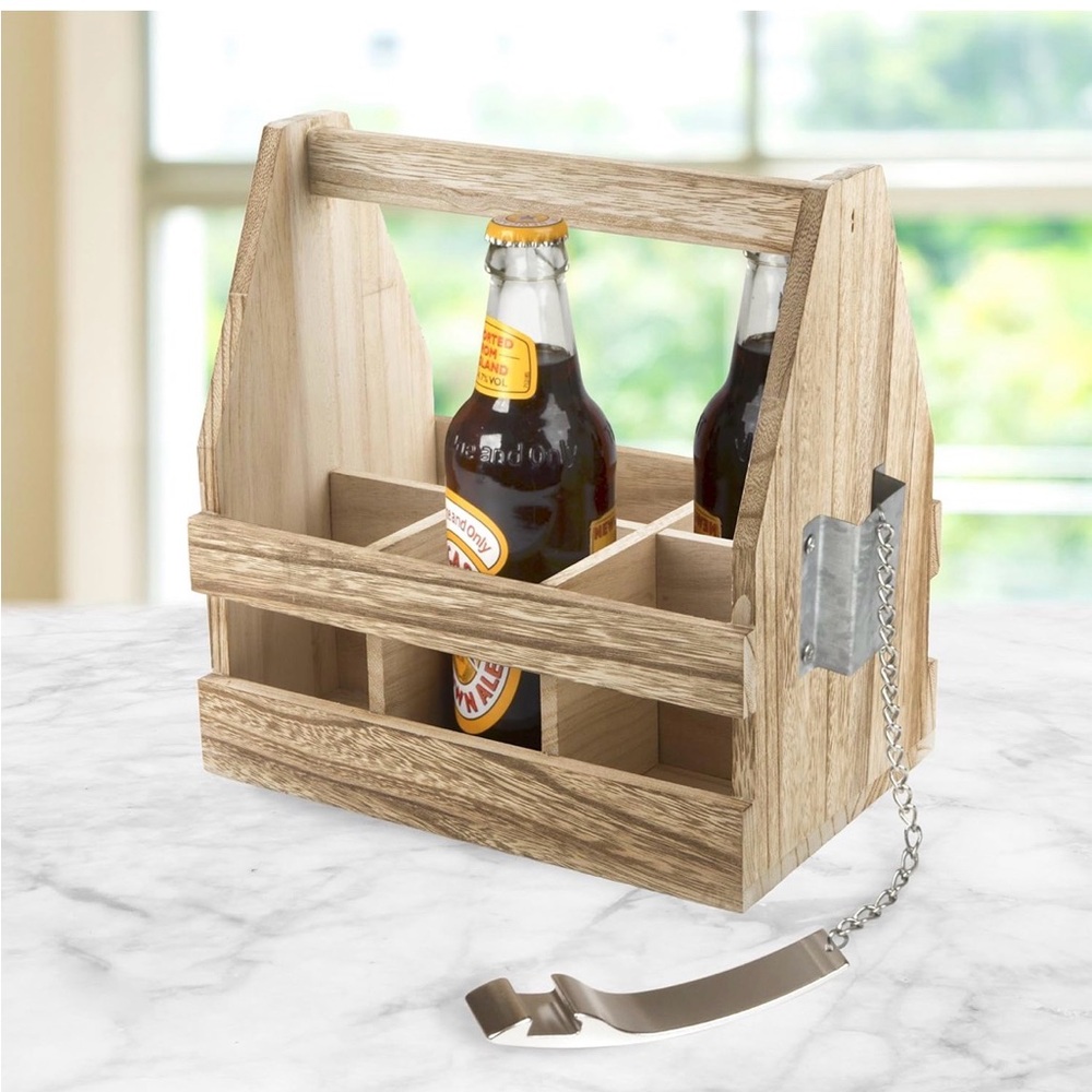 NWT - Wood Beer (Beverage) Caddy with Bottle Opener
